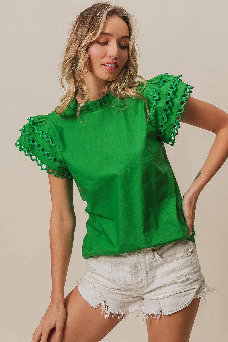 Solid Woven Circle Trim Ruffle Top DJPT