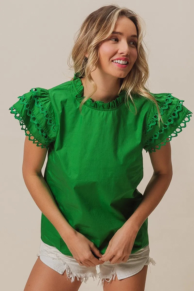 Solid Woven Circle Trim Ruffle Top DJPT