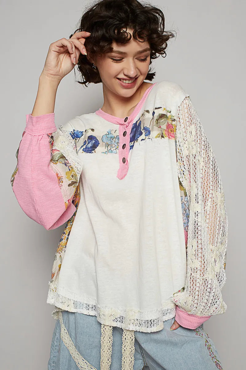 Button Detail Floral Patchwork Crochet Sleeve Blouse DJPT
