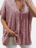 Size Sequin V-Neck Short Sleeve Top DJPT