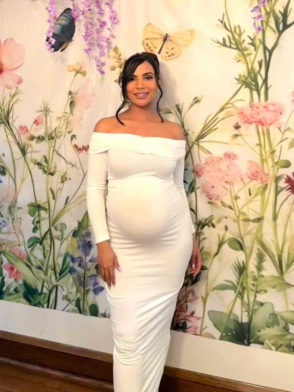 Elegant White Off Shoulder Bodycon Mermaid Falbala Floor Mopping Babyshower Maternity Photoshoot Maxi Dress Maternity