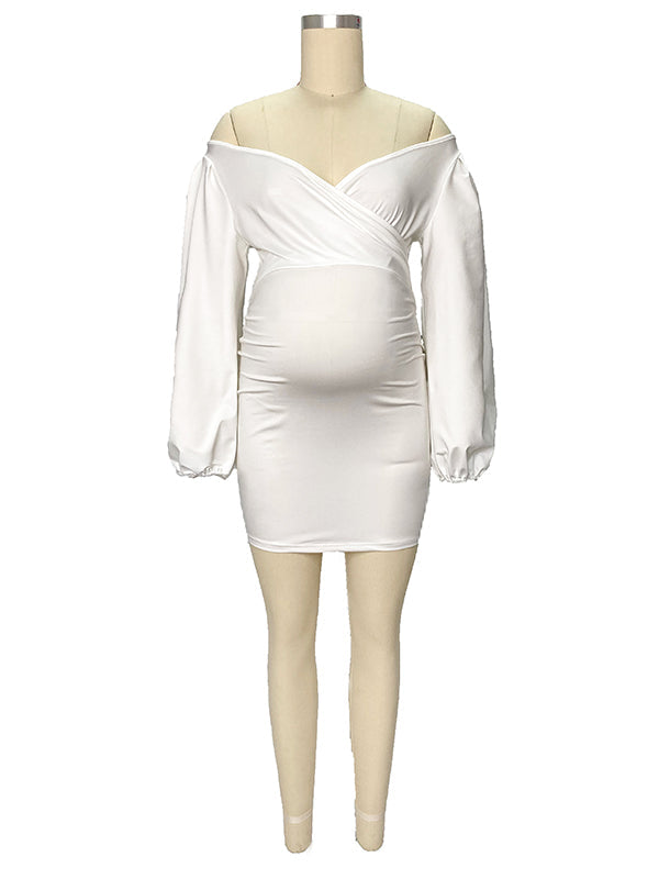 White Off Shoulder Backless V-Neck Lantern Sleeve Bodycon Party Cute Baby Shower Maternity Mini Dress Maternity