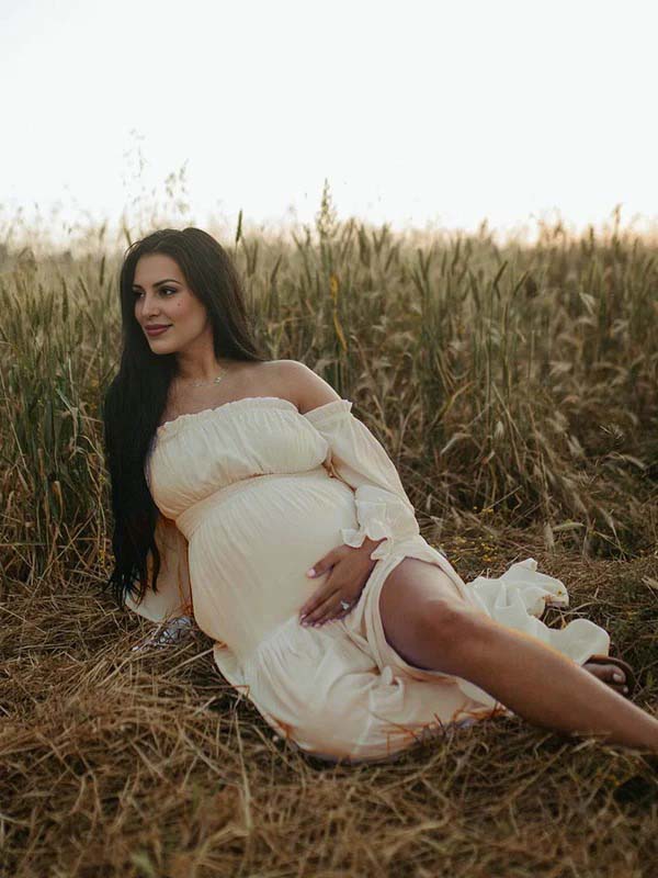Flowy Off Shoulder Ruffle Falbala Side Slit Big Swing Lantern Sleeve Elegant Holiday Vacation Boho Maternity Photoshoot Baby Shower Maxi Dress Maternity