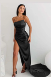 Sheath Strapless Neckline Slit Satin Long Party Dress Prom Dresses SD2446
