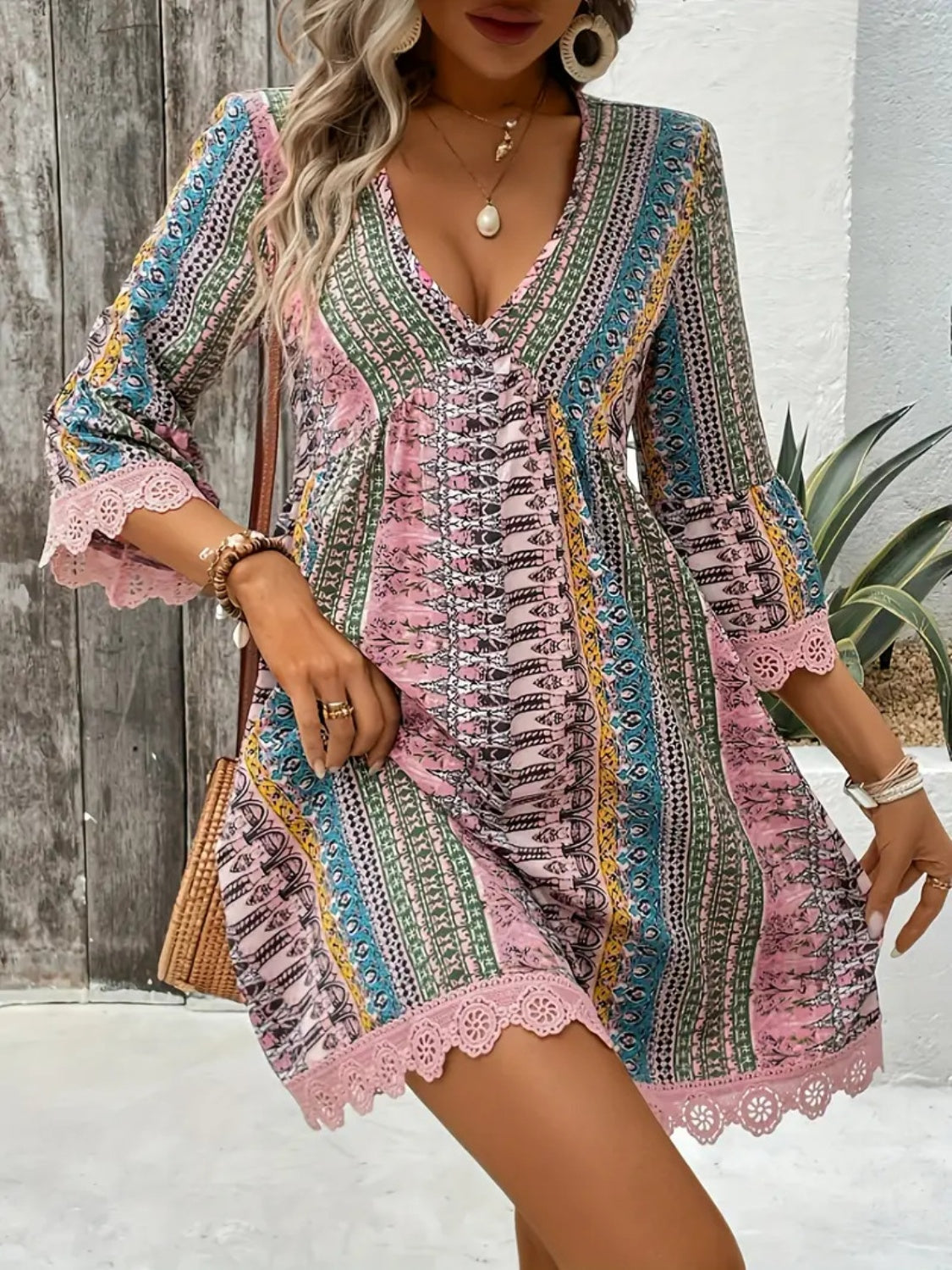 Trim Printed V-Neck 3/4 Sleeve Dress DJPT