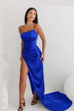 Sheath Strapless Neckline Slit Satin Long Party Dress Prom Dresses SD2446