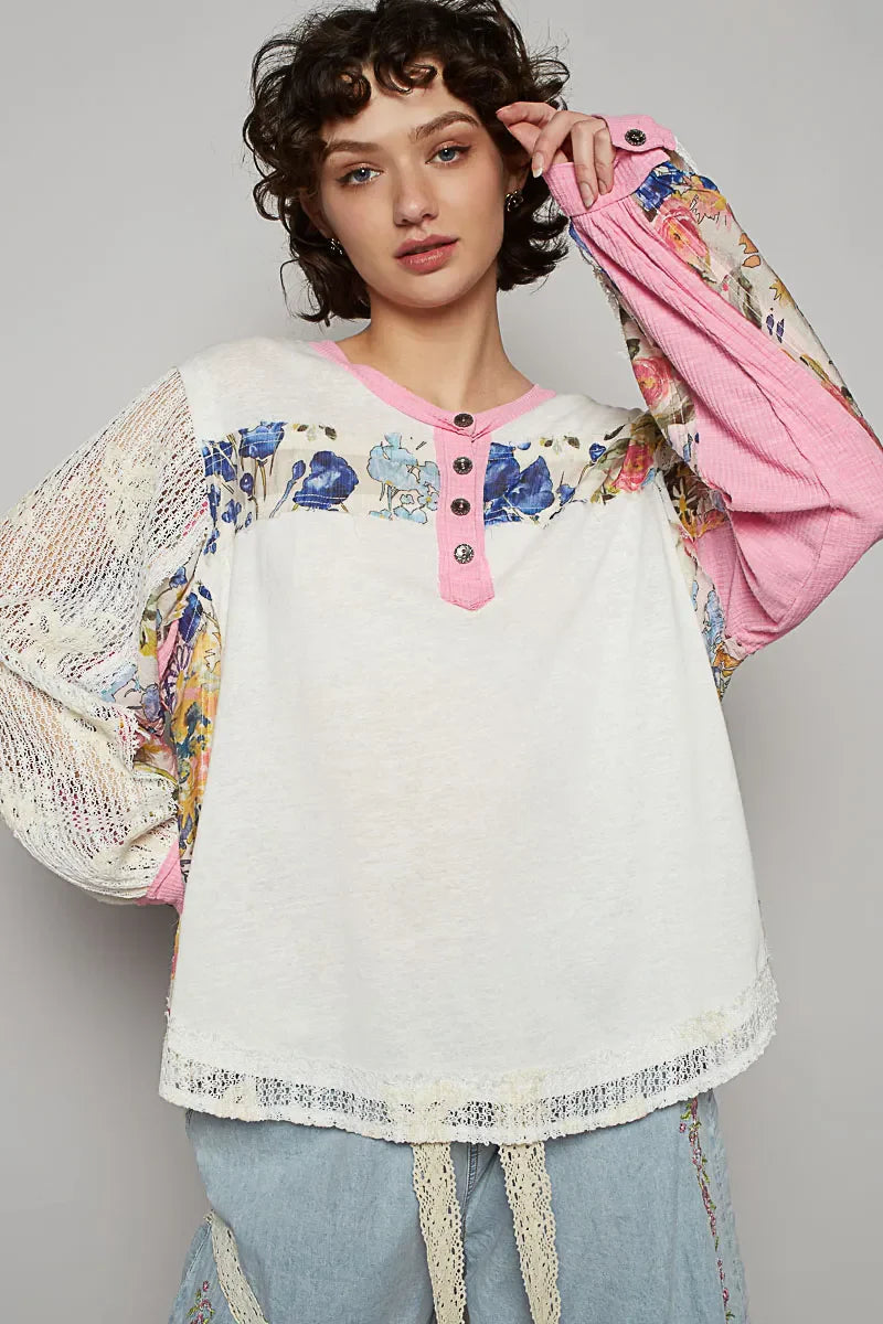 Button Detail Floral Patchwork Crochet Sleeve Blouse DJPT
