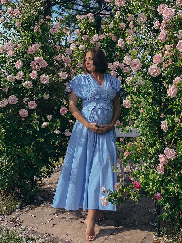 Blue 3D Flowers Fleated Drawstring Big Swing Deep V-neck Elegant Holiday Vacation Maternity Photoshoot Baby Shower Maxi Dress Maternity