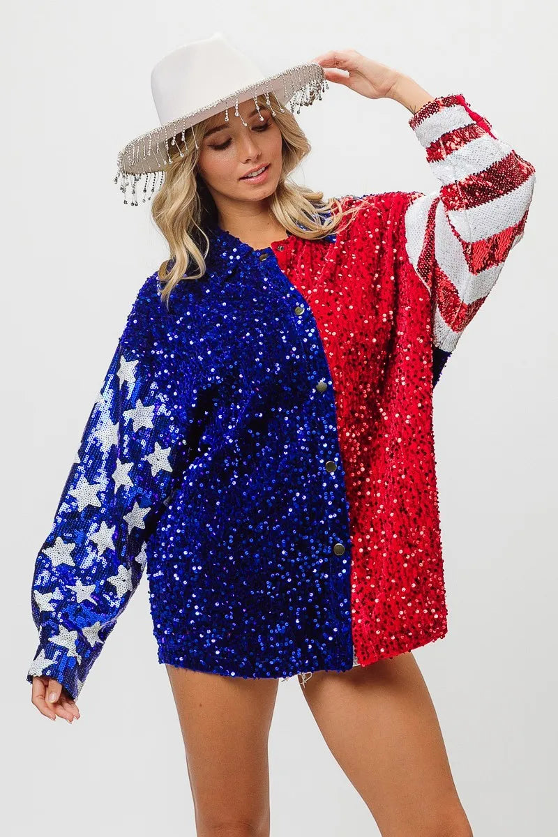 American Flag Sequin Snap Down Shirt DJPT