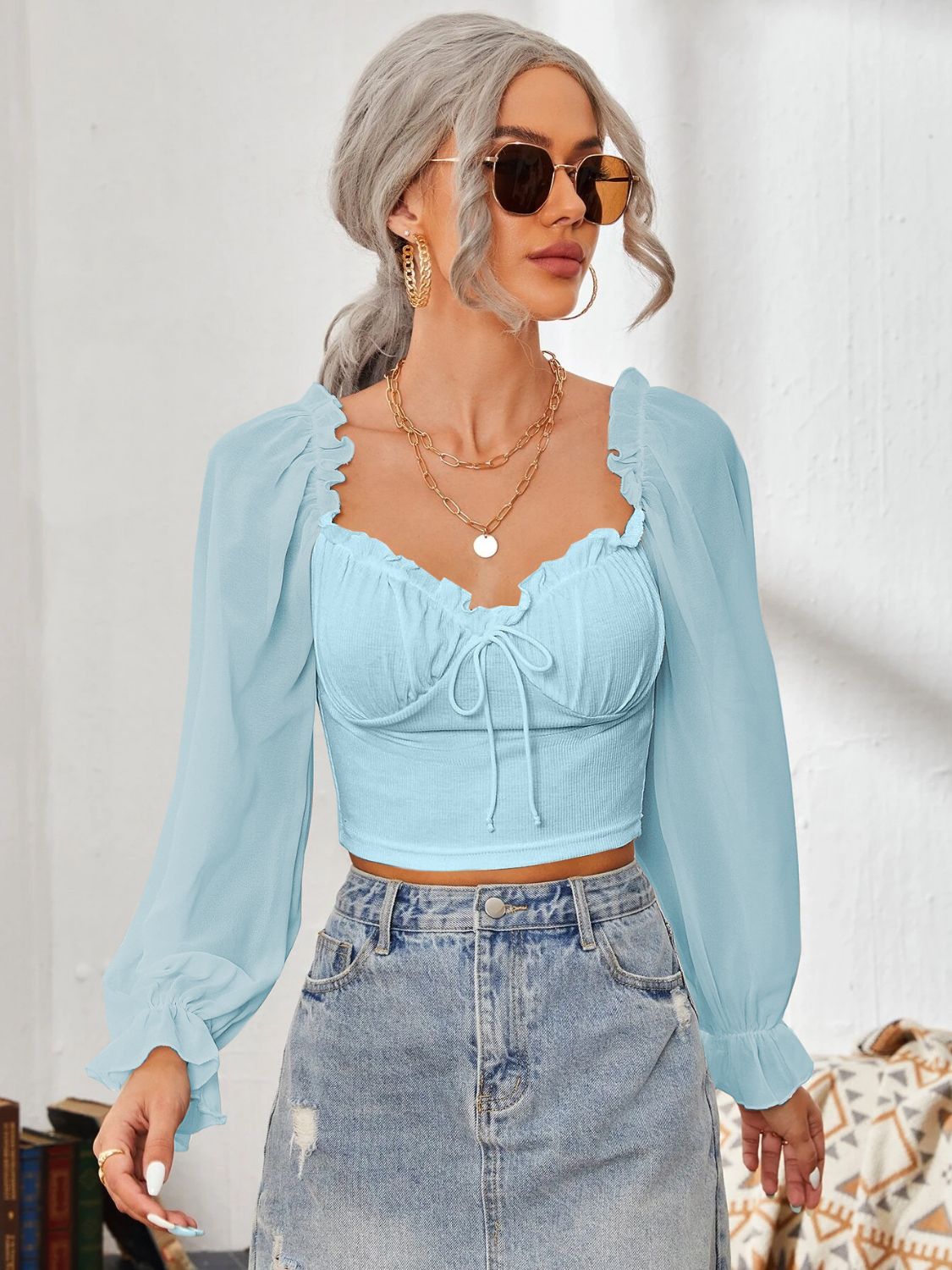 Sweetheart Neck Flounce Sleeve Top DJPT