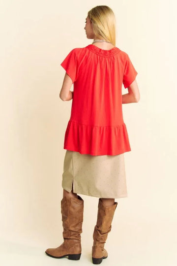 & Dani Solid Lace Trim Neck Short Sleeve Peplum Top DJPT