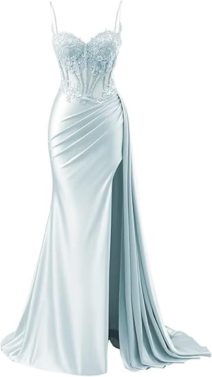 Mermaid Spaghetti Straps Sage Green Long Satin Prom Dresses Formal Evening Dress SD2416 HZ0628