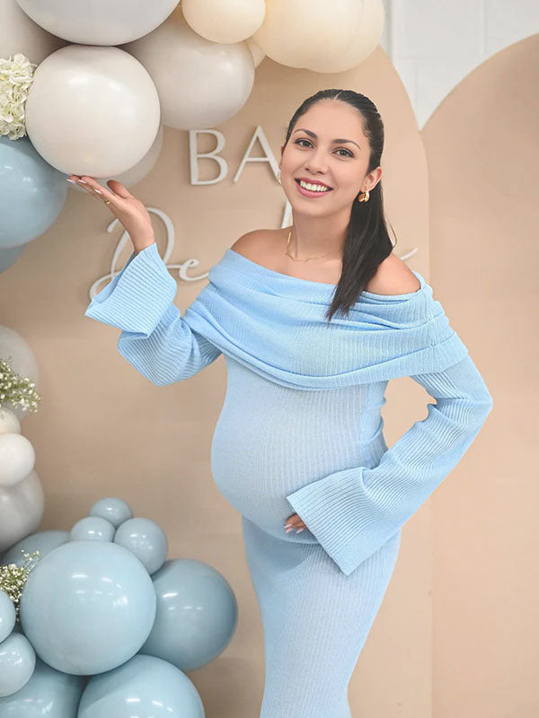 Blue Knit Ruched Off Shoulder Flare Sleeve Bodycon Elegant Cocktail Party Gown Maternity Photoshoot Baby Shower Maxi Dress Maternity