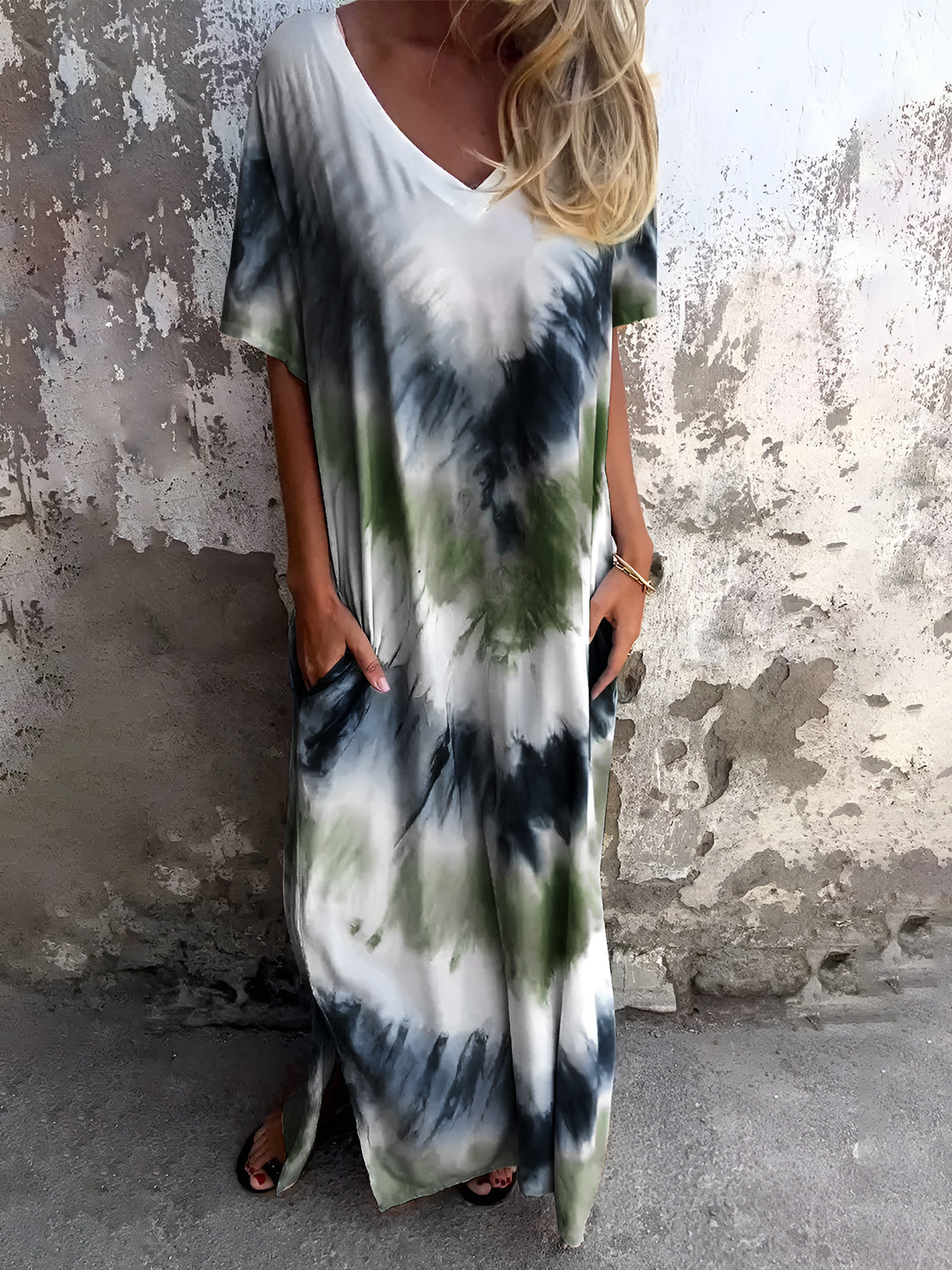 Size Pocketed Tie-Dye Short Sleeve Dress DJPT