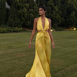A line Halter Neckline Long Yellow Prom Dress Evening Dress Formal Dress SD2161