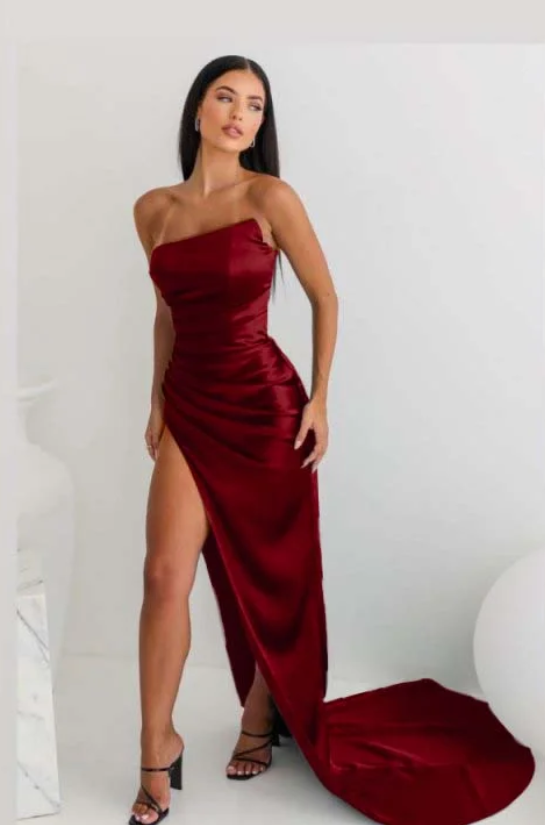 Sheath Strapless Neckline Slit Satin Long Party Dress Prom Dresses SD2446