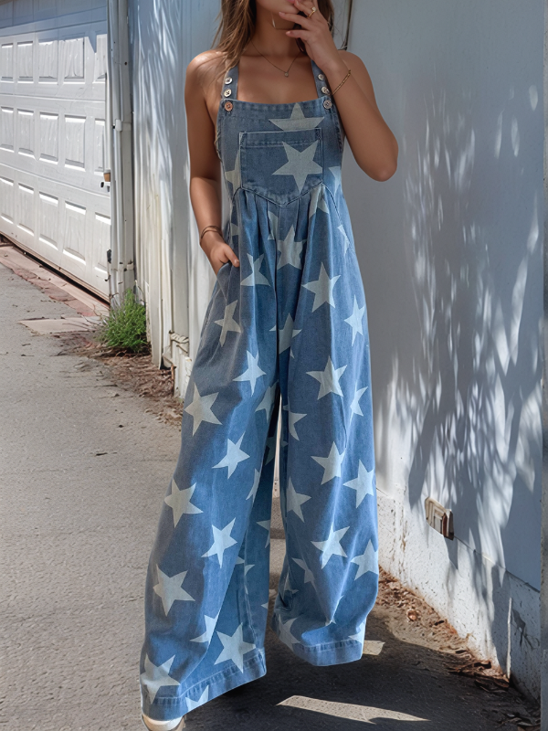 Print Buttoned Strap Wide Leg Denim Overalls DJPT