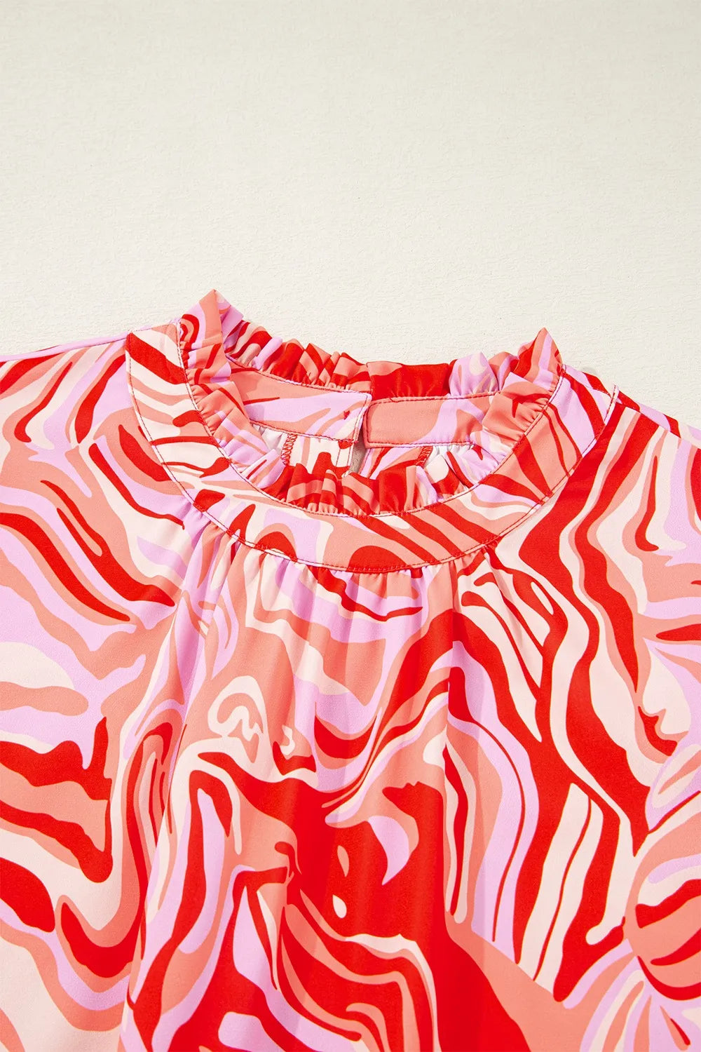 Print Ruffled Short Sleeve Mock Neck Blouse DJPT