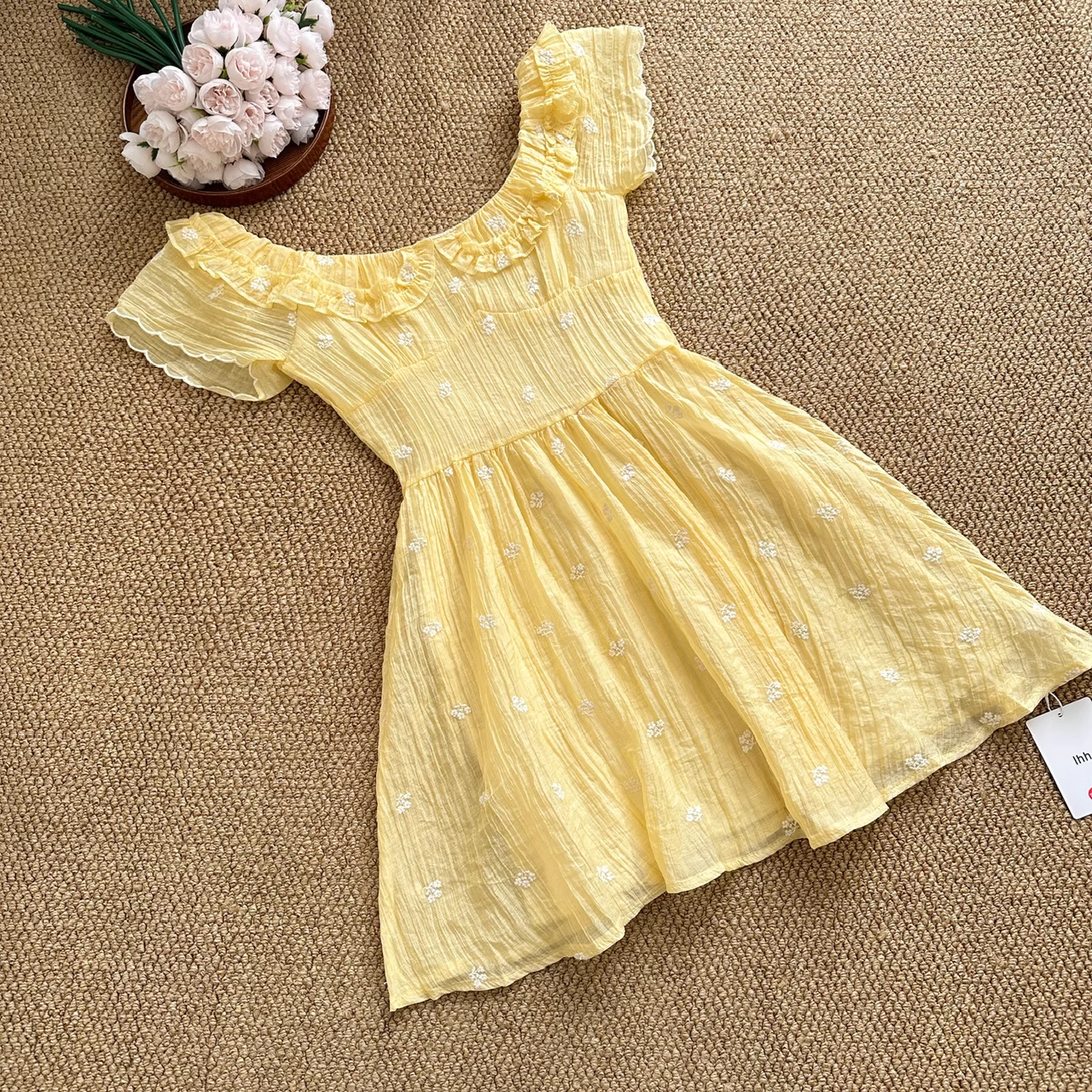A line Scoop Short Sleeves Yellow Floral Holiday Dresses Beach Dress Birthday Outfits SD288