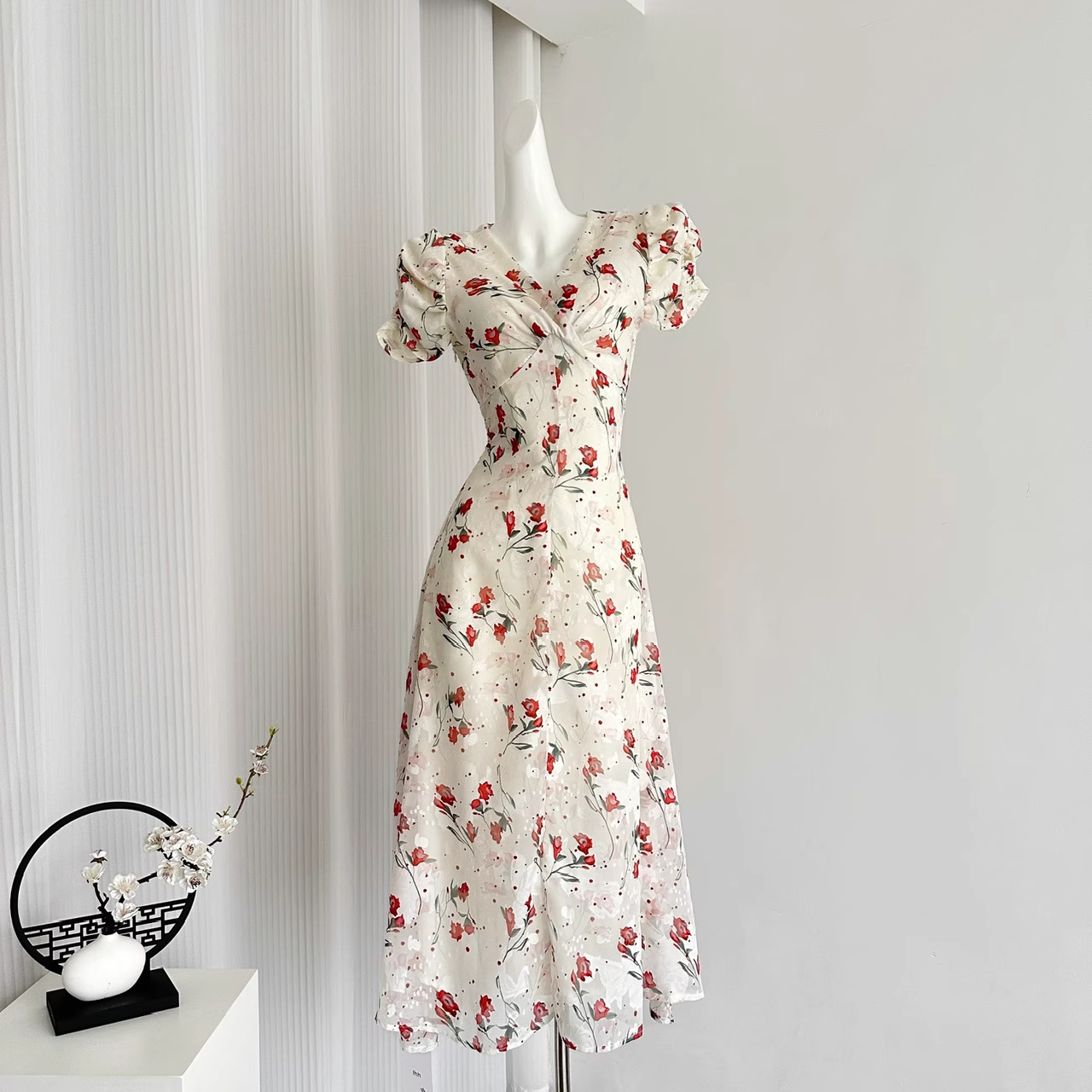 A line V Neckline Short Sleeves Pink Floral Dress Beach Holiday Dresses SD284