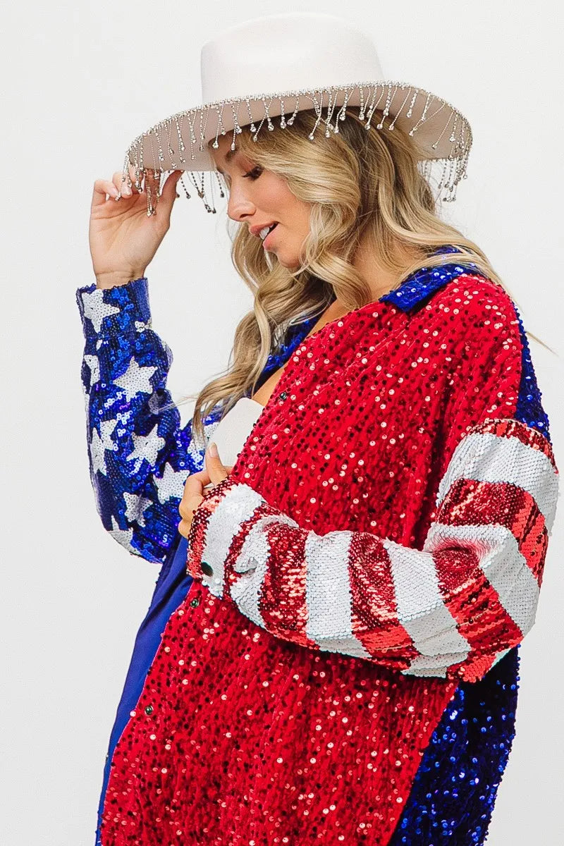 American Flag Sequin Snap Down Shirt DJPT