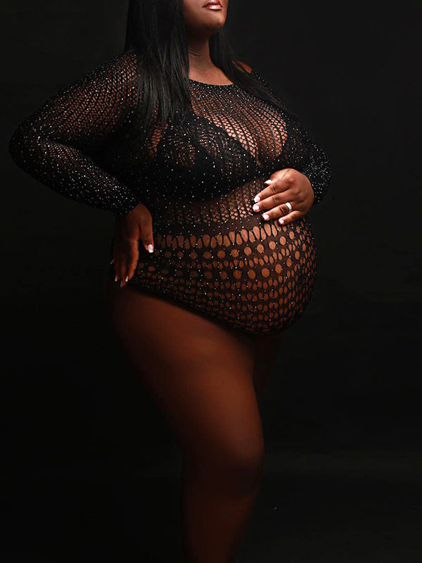 Black Rhinestone Fishnet Knitting Sheer Cut Out Photoshoot Short Jumpsuit Maternity Bodysuit Maternity
