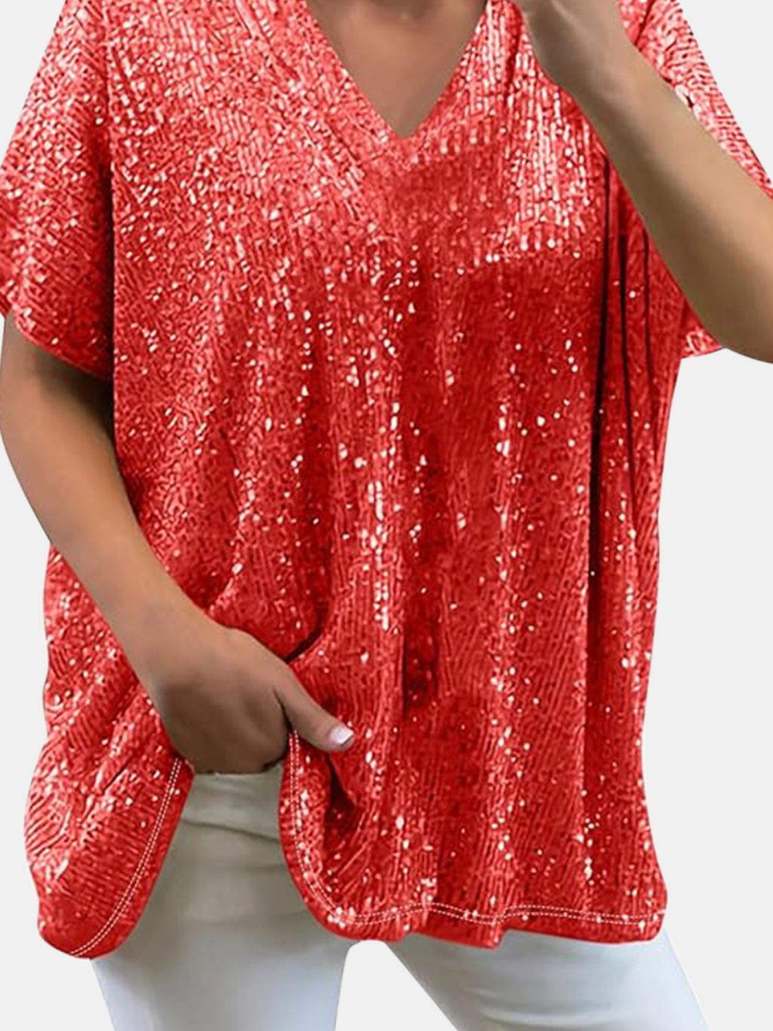 Size Sequin V-Neck Short Sleeve Top DJPT