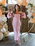 Pink Off Shoulder Bandeau Ribbed Pleated Bodycon Puff Sleeve Evening Gown Baby Shower Maternity Maxi Dress Maternity