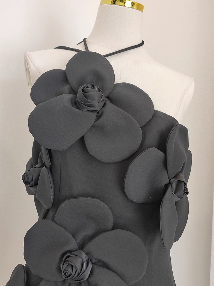 A line Halter Black Flowers Vacation Dress Short Birthday Dresses SD178