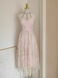 A line High Neckline Pink Tulle Dinner Party Dresses Birthday Outfits SD393