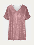 Size Sequin V-Neck Short Sleeve Top DJPT