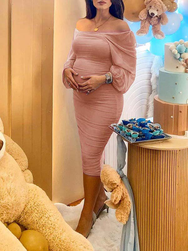 Mesh Ruched Off Shoulder Lantern Sleeve Square Neck Bodycon Elegant Party Maternity Photoshoot Baby Shower Midi Dress Maternity