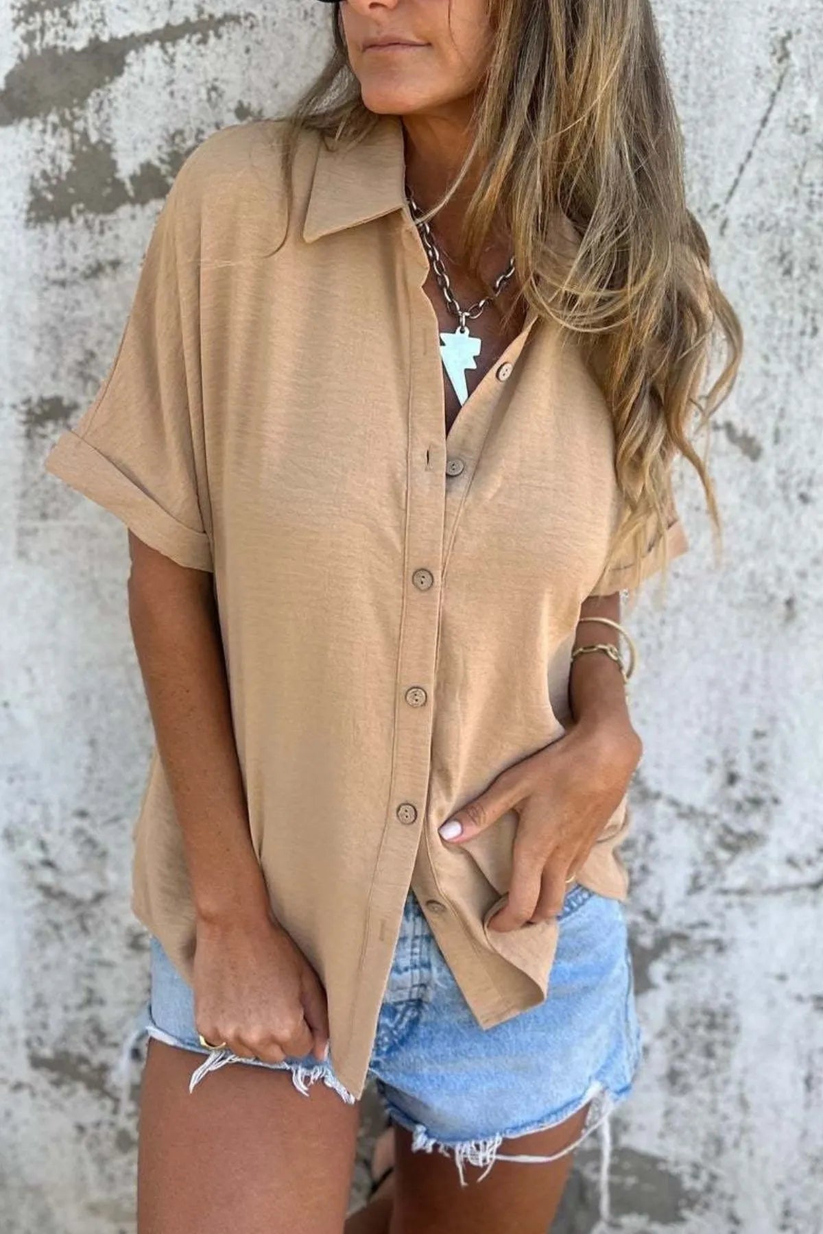 Size Casual Button Down Short Sleeve Loose Shirt Plus Size DJPT
