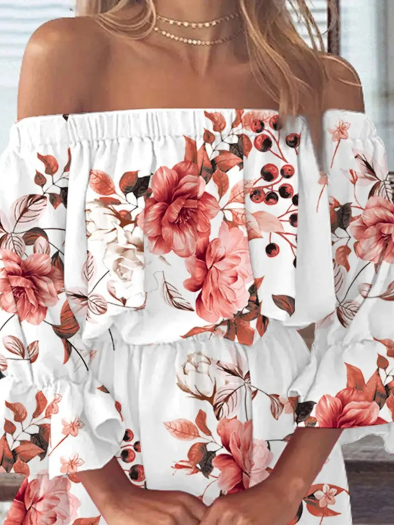 Size Floral Off-Shoulder Flounce Sleeve Mini Dress Plus Size DJPT