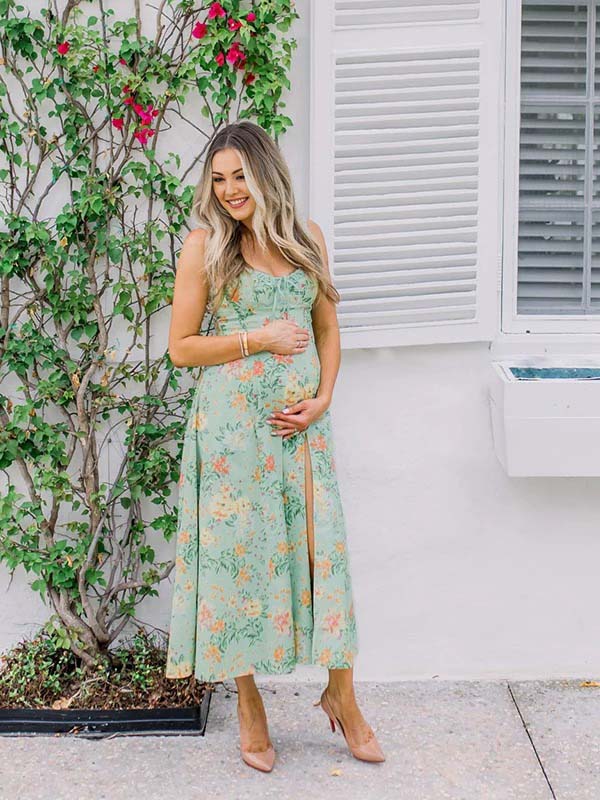 Green Floral Side Slit Ruffle Bow Flowy Back Zipper Photoshoot Baby Shower Maternity Maxi Dress Maternity