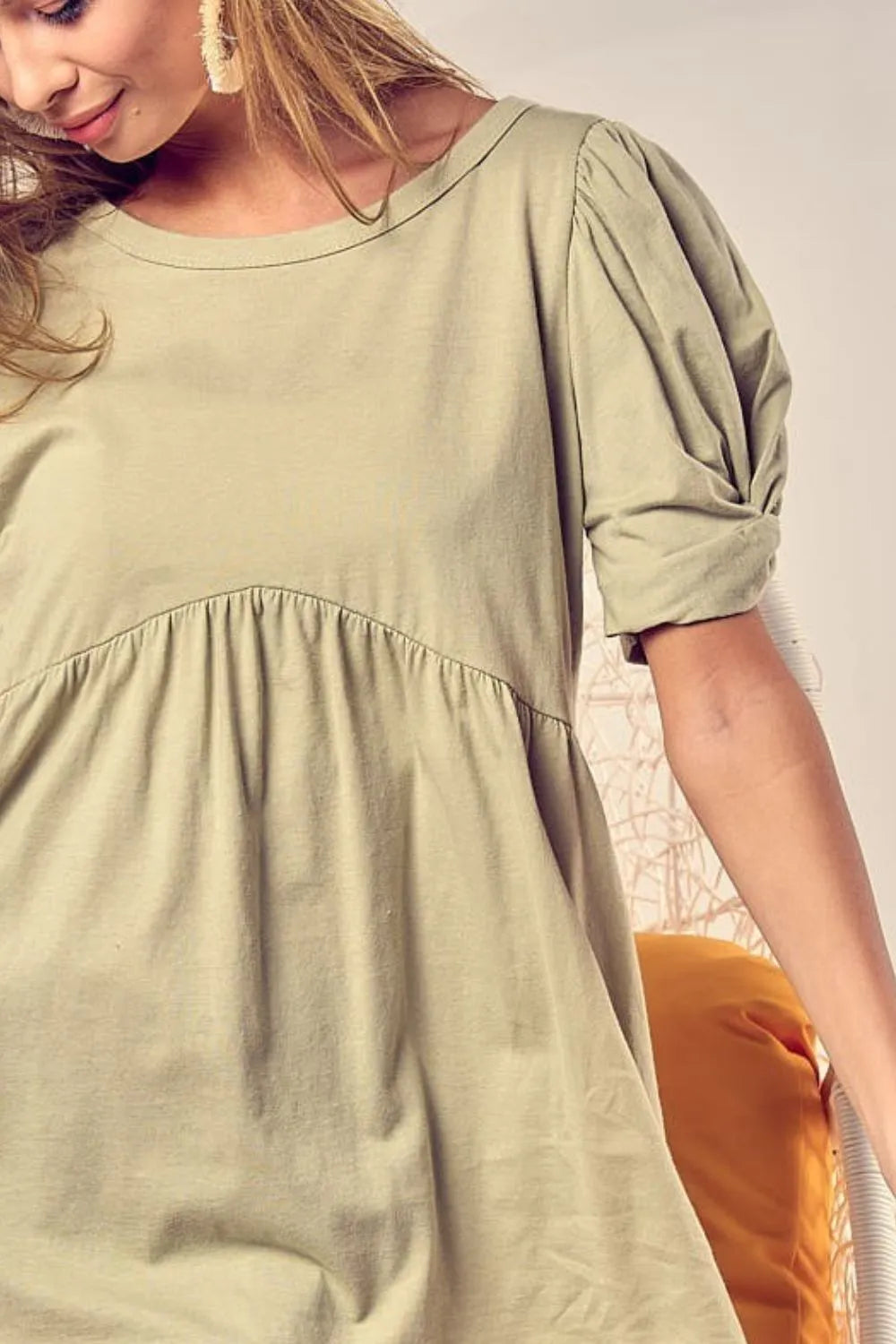 Cotton Span Knit With Puff Sleeve Baby Doll Top DJPT