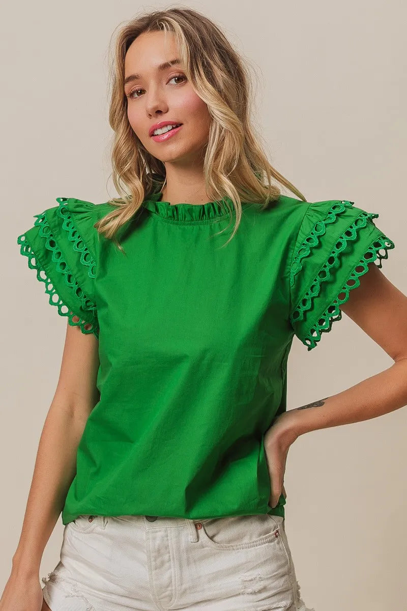 Solid Woven Circle Trim Ruffle Top DJPT