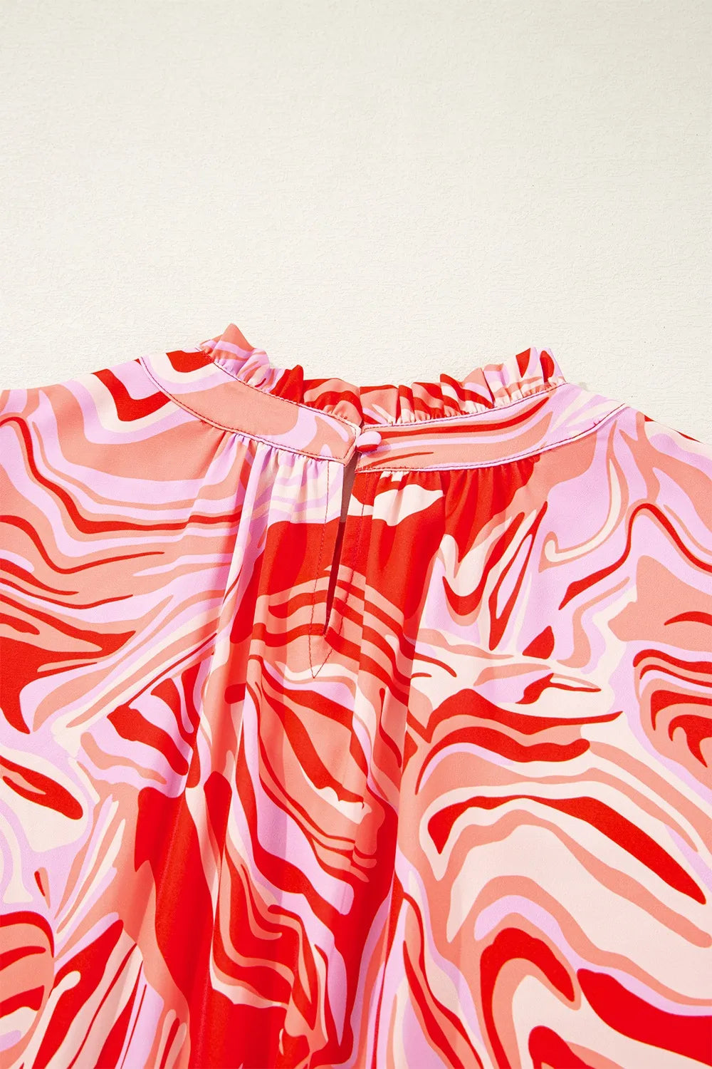 Print Ruffled Short Sleeve Mock Neck Blouse DJPT