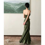 Sheath Spaghetti Straps Floor Length Olive Green Long Party Dresses Birthday Outfits SD433