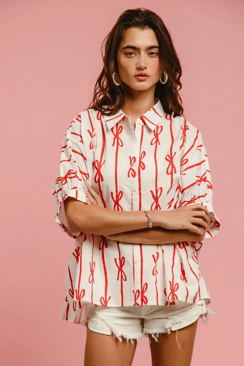 Bow Ribbon Woven Printed Button Down Shirt DJPT