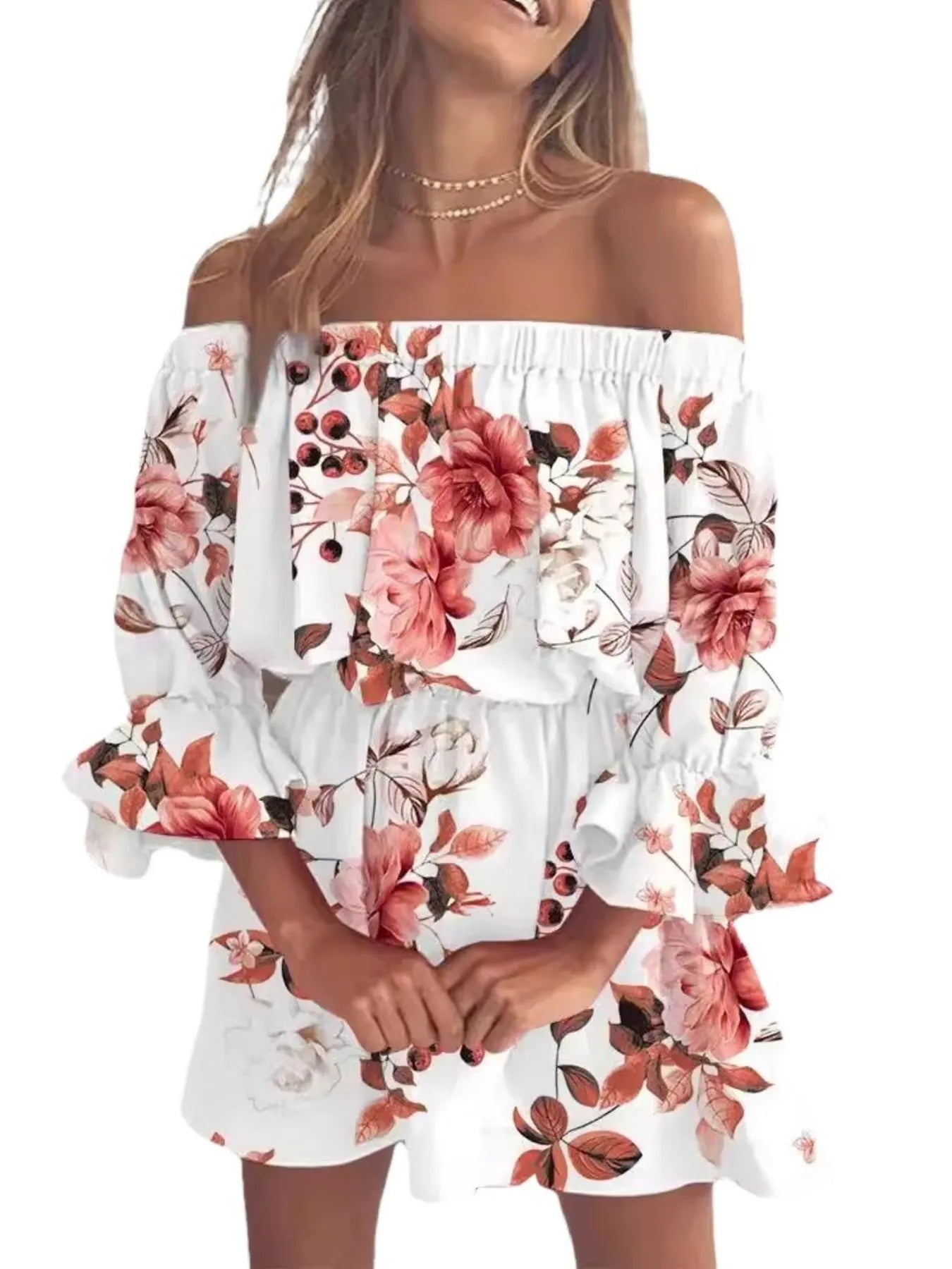 Size Floral Off-Shoulder Flounce Sleeve Mini Dress Plus Size DJPT