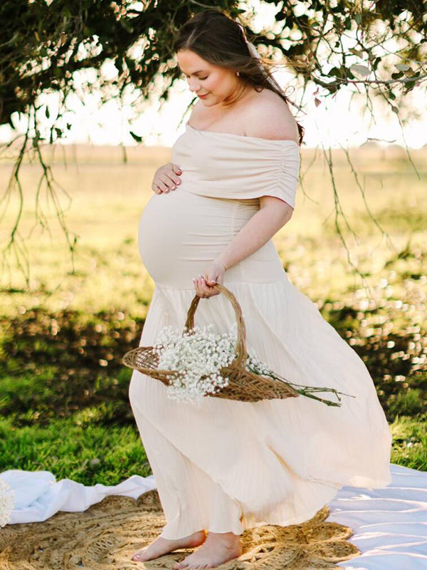 Apricot Off Shoulder Ruched Pleated Big Swing Maternity Baby Shower Maxi Dress Maternity