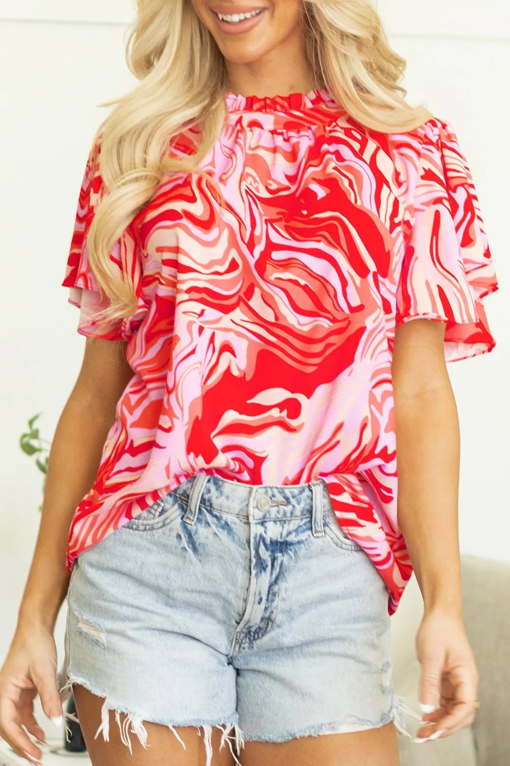 Print Ruffled Short Sleeve Mock Neck Blouse DJPT
