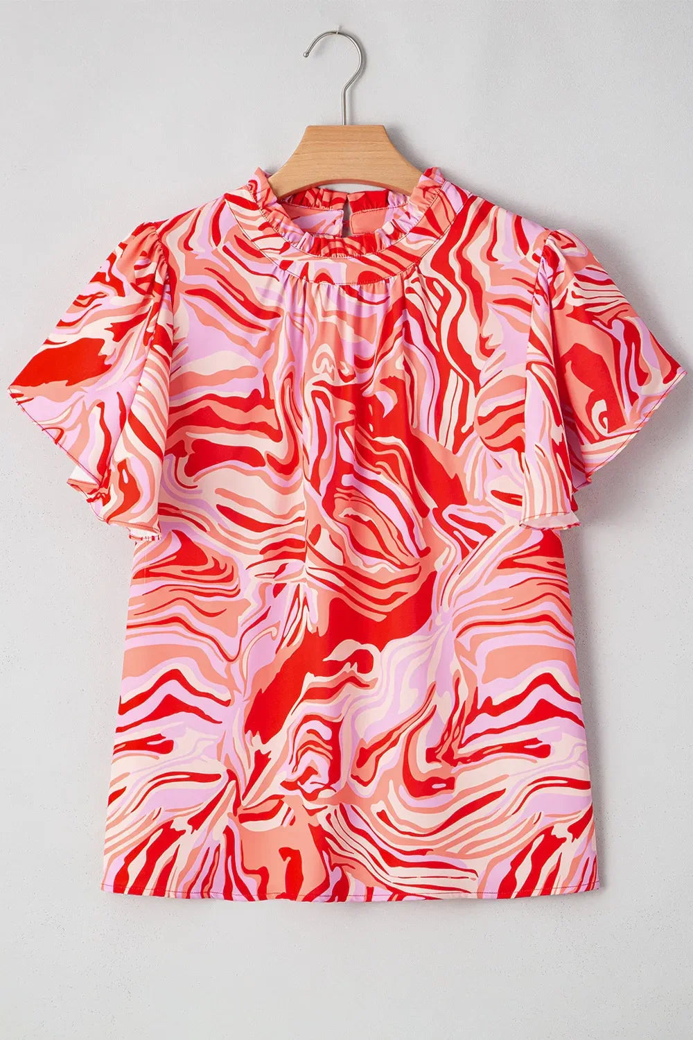 Print Ruffled Short Sleeve Mock Neck Blouse DJPT
