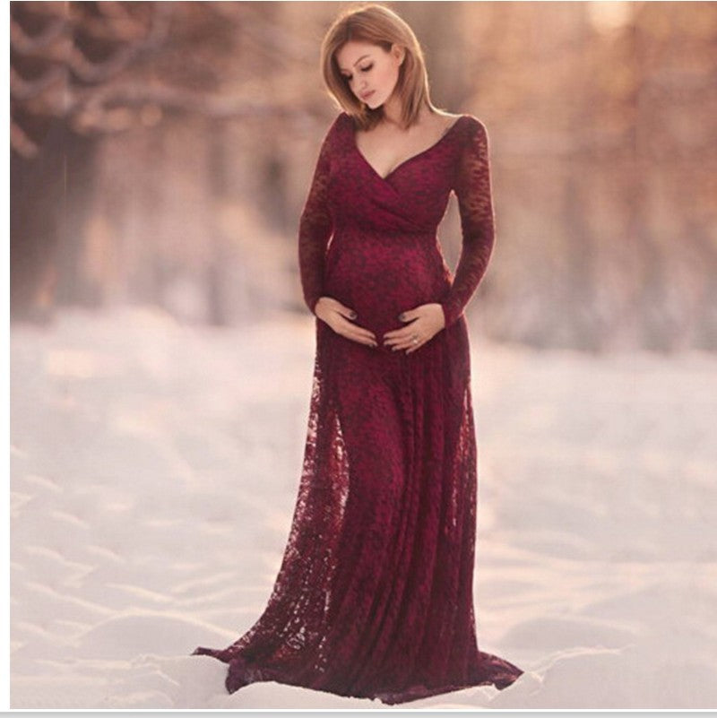 Sexy Front Deep V Collar Long-Sleeved Lace Dress Casual Sexy Evening Dress 8981 Maternity