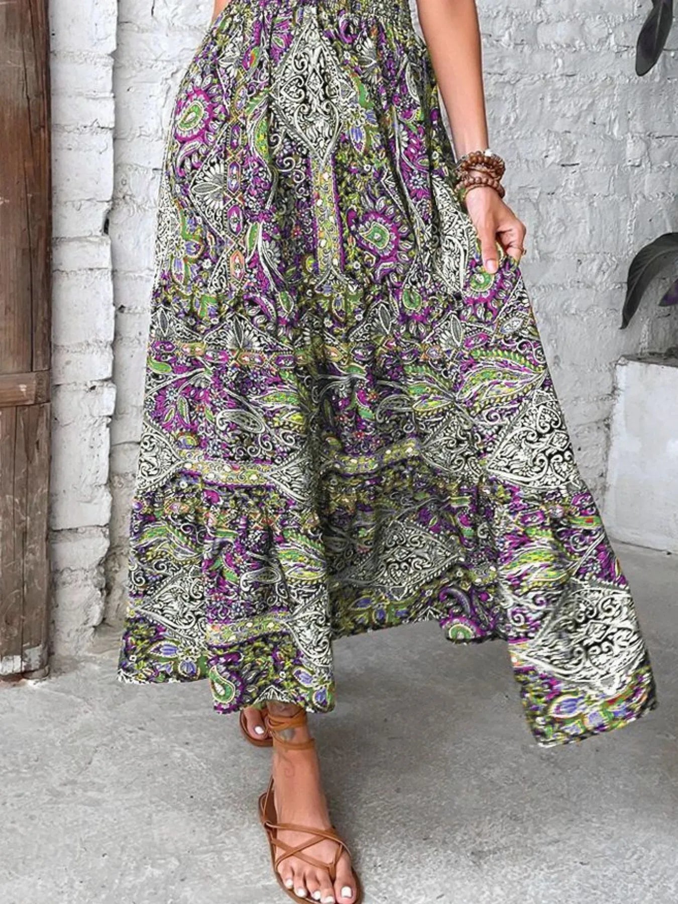 Size Printed V-Neck Short Sleeve Midi Dress DJPT