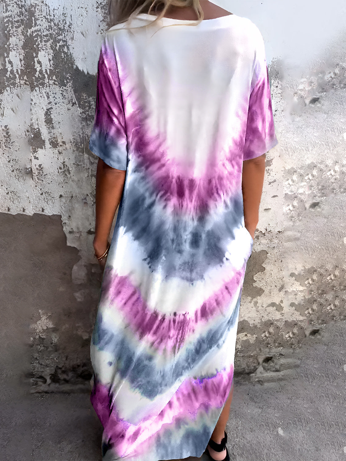 Size Pocketed Tie-Dye Short Sleeve Dress DJPT