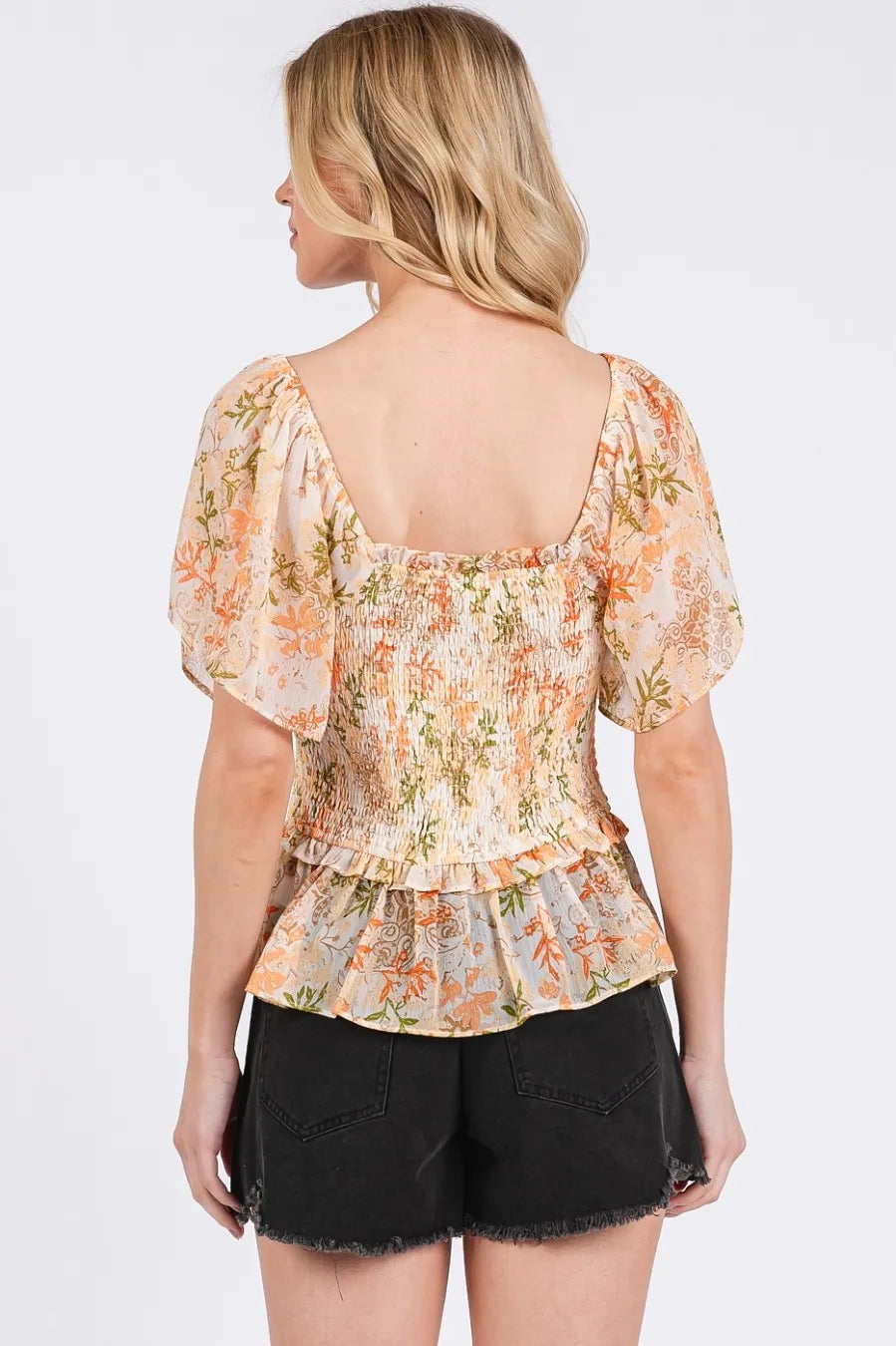 Floral Chiffon Smocked Square Neck Peplum Top DJPT