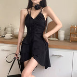 A line Irregular Hem Spaghetti Straps Little Black Dresses Short Satin Birthday Outfit SD269