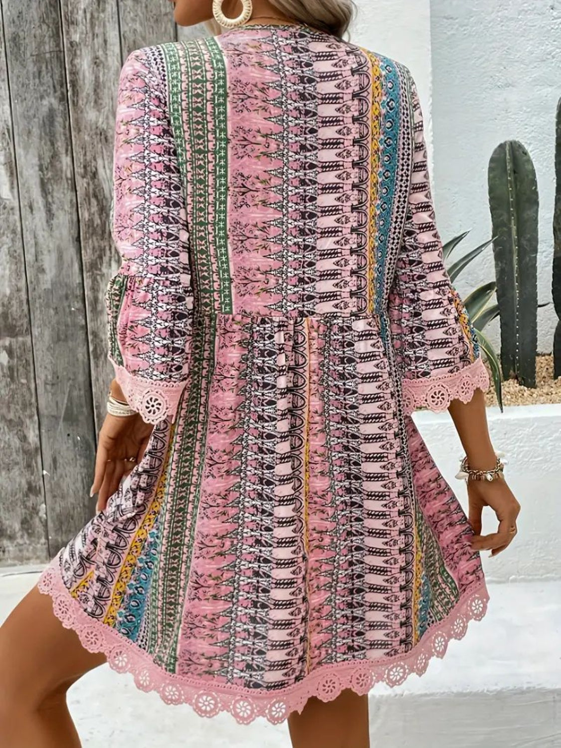 Trim Printed V-Neck 3/4 Sleeve Dress DJPT